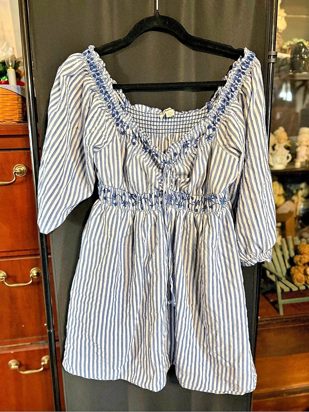 American Eagle Outfitters Striped Cotton Romper in Blue & White Size Medium